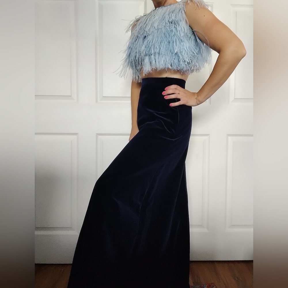 Jaeger Velvet Blue Skirt Jacket Top Three Piece Suit Set